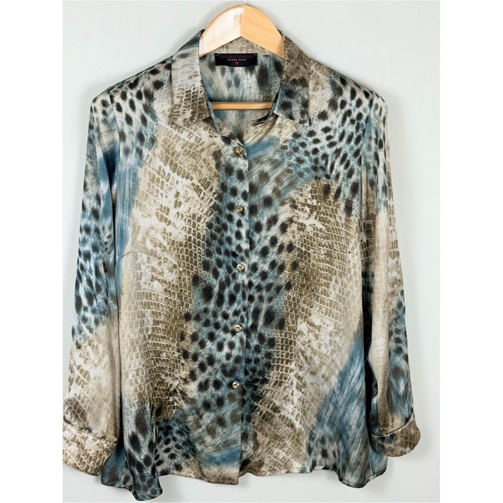 Sandro Ferrone Animal Print Blouse Blue Brown Button Front Shirt Top
